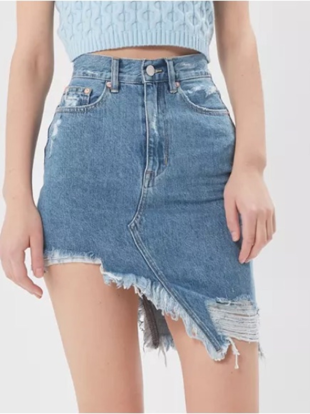 ZGY / Ziggy Asymmetric Distressed Medium Wash Blue High Waist Denim Mini Skirt